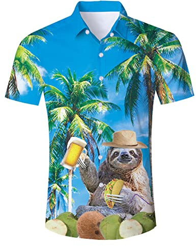 Hawaiihemd Herren Funky Faultier Bier Hawaii Hemd Button Down Lustig Hemd Bunt Männer Kurzarm Aloha Sommerhemd Freizeithemd für Strandurlaub Blau XL