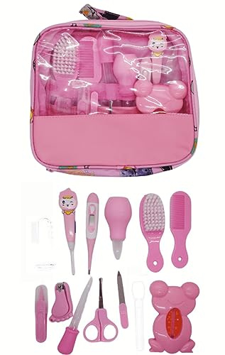10 PCS Set Per La Cura Del Bambino,Set Portatile Neonato Accessori Bellezza Igiene per La Cura Dei Neonati Con Termometro, Pettine, Tagliaunghie, Forbicine,Spazzolino da Denti Etc (Rosa-13pcs)