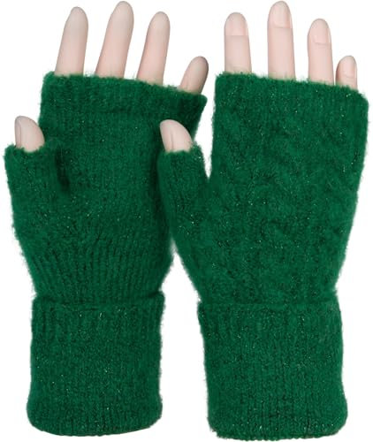 styleBREAKER Damen Fingerlose Handschuhe mit Zopfmuster und dezentem Metallic-Faden, Winter Strickhandschuhe 09010042, Farbe:Grün