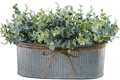 Winlyn Artificial Eucalyptus Arrangement in Rustic Oval Galvanized Metal Planter Box Faux Eucalyptus Bush Greenery Potted Plants for Farmhouse Indoor Home Office Table Centerpiece Kitchen Décor