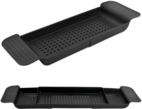 Plateau de Baignoire en Plastique Extensible avec Design d'écoulement pour Verres à vin, tablettes, téléphones d'aromathérapie, Peignes, Bougies, Produits de Bain (Noir)
