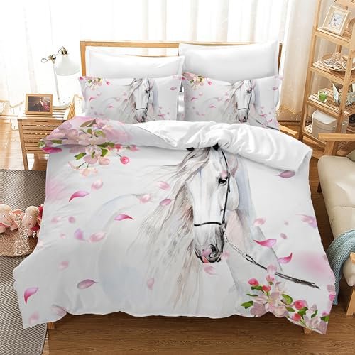 Leleyouzer Housse de Couette Cheval 200×200cm,Parure de Lit Enfant,Housse de Couette Microfibre avec Fermeture éclair + Deux Taies d'oreiller 50x75 cm(Hourse 1)