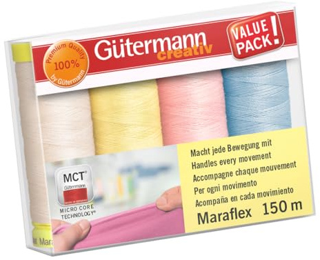 Gütermann Creativ Maraflex Elástico de Alta Elasticidad Juego de Hilos de Coser - Hilos Multicolor para Escotes y Costuras, Variación de Color 3, 4 x 150m - 1 Set