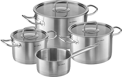 KLAMER Topfset Induktion 4-teilig – Premium Edelstahl Kochtopf Set mit Glasdeckel, unbeschichtet & spülmaschinengeeignet, energiesparend, backofenfest & mit Messskala