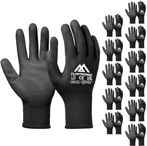 Flintronic Guantes de Trabajo Profesionales, 12 Pares, Recubrimiento de Poliéster PU, Guantes Mecanico Taller, para Jardinería, Construcción, Negro (L-9)