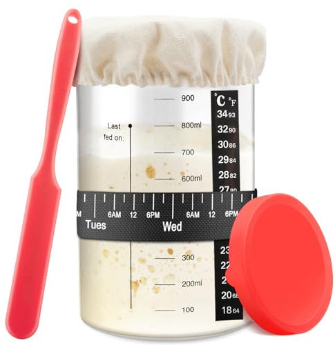 zunmial Sourdough Starter Jar, 35OZ Glass Sourdough Jars Wide Mouth With Red Silicone Cap, Sourdough Starter Kit with Date Marked Feeding Band, Thermometer, Cloth Cover
