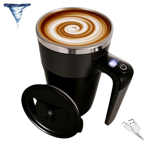 ZMYTHOPIA Self Stirring Coffee Mug 14fl.oz, 316 Stainless Steel Mug with Temperature Display, Automatic Magnetic Mixing Cup for Coffee Milk powder, 250mAh Battery Powered for Office Gym Home,Black