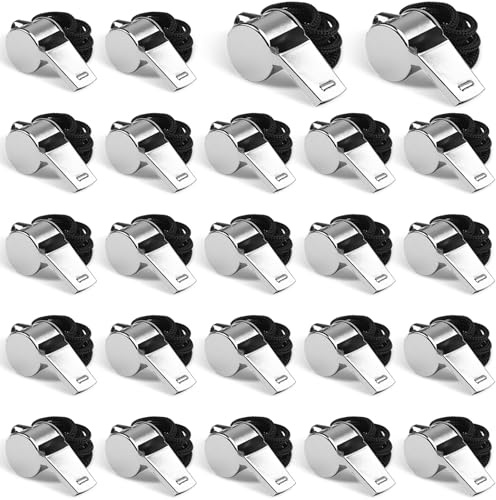 Hipat 24-Pack Stainless Steel Whistles with Lanyards - Loud, Clear Sound for Coaches, Referees, Survival Kits & Outdoor Safety