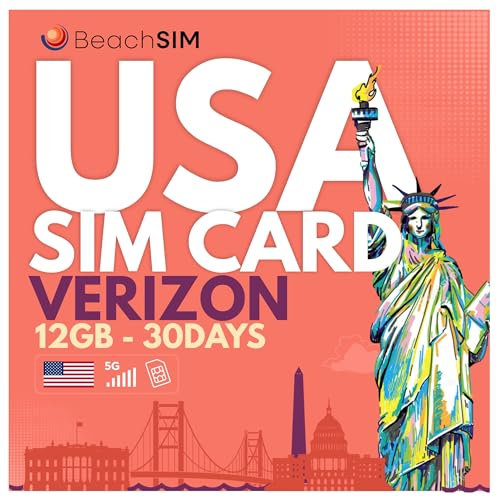 BeachSIM Tarjeta SIM prepago EE. UU. 30 días | 12 GB de Datos 4G/5G de Alta Velocidad | Activación rápida en línea |Recarga o ampliación fácil |Compatible con Dispositivos iOS y Android desbloqueados