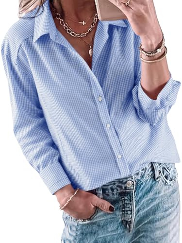 Cicy Bell Blouses boutonnées à Carreaux pour Femme - Manches Longues - Décontracté, Bleu, XL