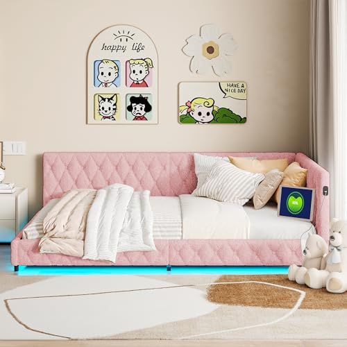 MISNODE Canapé-lit convertible 140x200, lit de jour avec LED et USB, canapé-lit en forme de L avec sommier, lit pour enfant lit pour adolescent, double lit, tissu velours teddy, sans matelas