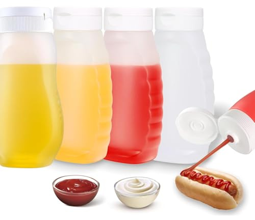PISTISJACK Paquete de 4 botellas exprimibles de 300 ml, botellas de plástico para salsa exprimible con tapa, botella dispensadora de condimentos para salsa, barbacoa, aderezo de ensalada, aceite