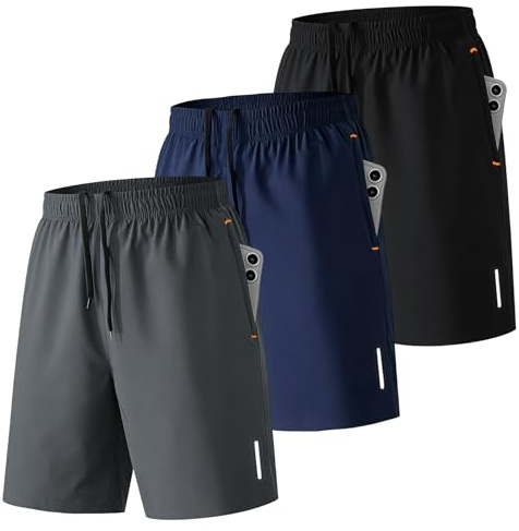 SHAGGA 3 Pack Gym Shorts Men Lightweight Quick Dry Sports Short Inseam 7 with Zipper Pockets for Running Fitness Joggers (UK, Alpha, XL, Regular, Regular, 3pack（Black，Blue，Grey）)