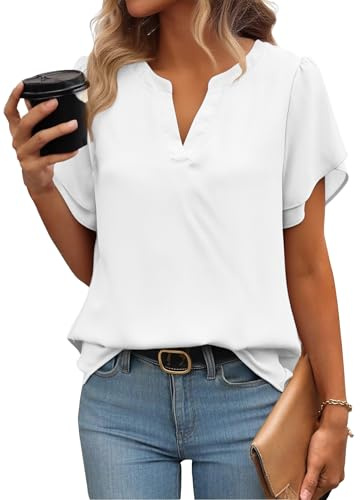 Zeagoo Womens Tops Summer Chiffon Blouse Ruffle Short Sleeve Shirts | V Neck | Work Blouses | Business Casual | Double Mesh Blouse | Floral Tunic Top | S-XXL