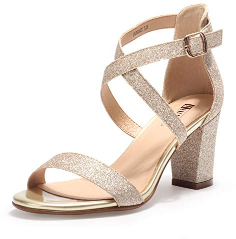 IDIFU Women's IN3 Grace Strappy Block Heels Sandals Comfy Open Toe Chunky Dress Wedding Shoes with Adjustable Cross Strap (Gold Glitter, 9.5 M US)