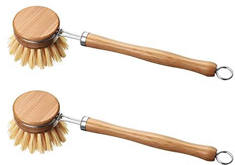 Shiwaki Utbytbart borsthuvud bambu diskborste, panna och kruka rengöringsborste långt handtag diskborste köksborstar med handtag trä (originalfärg)
