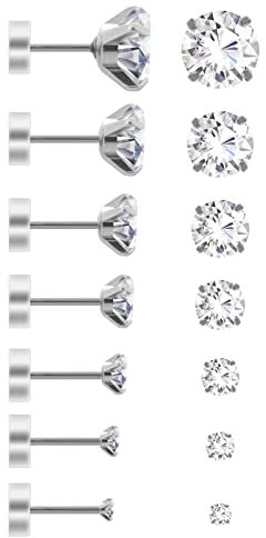 7 Paar Damen Zirkon Ohrringe Ohrstecker Set Edelstahl Strass Ohrringe Flache Rückseite Knorpel Ohrstecker 2/3/4/5/6/7/8mm für Damen und Mädchen