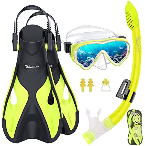 UPhitnis Schnorchelset für Kinder Mit Flossen, Anti-Fog 180° Panorama Taucherbrille, Verstellbaren Schwimmflossen und Premium Dry Schnorchel - 3 in 1 Set Mit Tragetasche