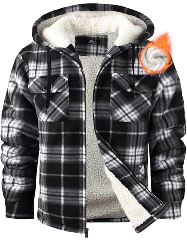 Ceoutdoor Mens Flannel Hoodie Jacket Fleece Lined Flannel Shirt Plaid Zip Up Sherpa Hooded Sweatshirt Warm Winter Coat