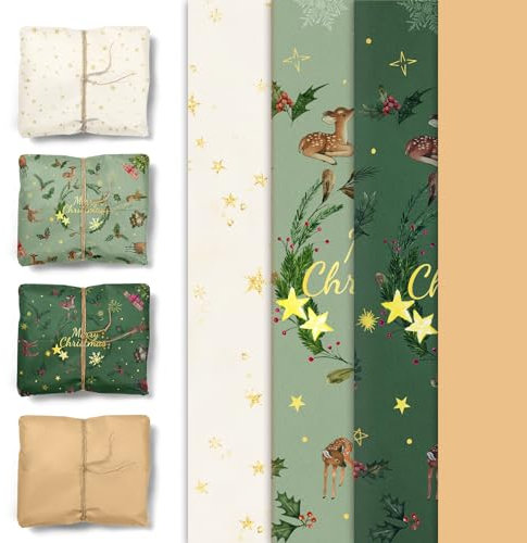 NICROLANDEE Weihnachten Geschenkpapier 24 Blätter, 50 x 38 cm Weihnachts Seidenpapier zum Verpacken von Geschenktüten, DIY Geschenkpapier für Neujahr Urlaub Geburtstag Party Handgemachte Dekoration