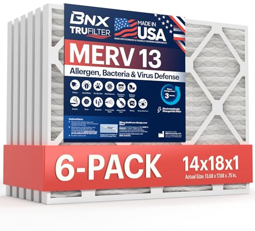 BNX TruFilter 14 x 18 x 1 luftfilter MERV 13 (6-pack) – TILLVERKAD I USA – elektrostatisk veckad luftkonditionering HVAC ugnsfilter för allergier, pollen, mögel, bakterier, rök, allergi, MPR 1900 FPR