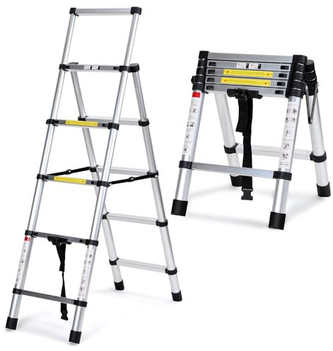 Yakimz Escalera telescópica plegable de 1,4 m + 1,7 m, escalera de aluminio de 4 + 5 peldaños, con estabilizador triangular, marco A, escalera portátil multiusos para el hogar, carga máxima de 150 kg