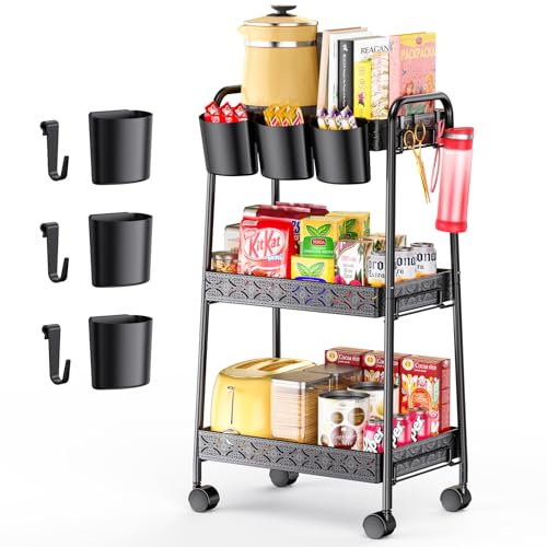 PKBD Rollwagen Küchewagen mit 3 Ebenen, Servierwagen mit Metallregal, Rädern und Mesh Regale, Aufbewahrungsregal-Organizer für Küche, Bad, Schlafzimmer, Schmale Plätze, Büro, Arbeitszimmer, Schwarz