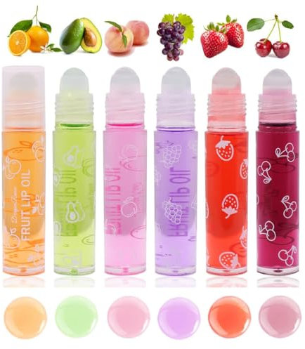 Baorder 6Pcs Roll-On Lip Gloss Set,Fruchtaromatisiertes Rollerball Lip Öl,Transparent Plumping Lip Gloss für Jugendliche und Kinder,Nicht giftige Lip-Make-up Set