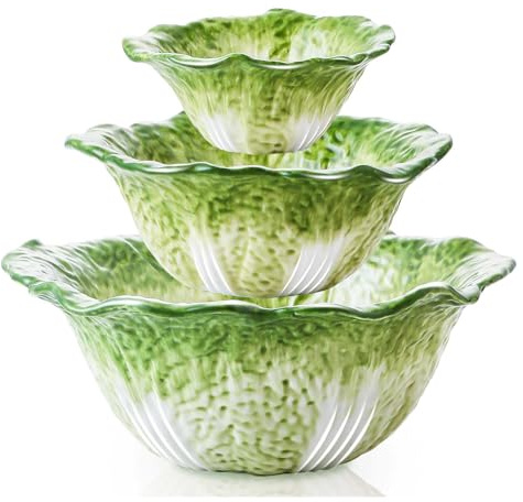 KXZ Green Cabbage Serving Bowl Set of 3 for Kitchen - Extra Large 60oz, 16oz, 5oz Nesting Mixing Bowls, Porcelain Dishes for Salad, Entertaining, Fruit, Vintage, Decorative, Ceramic Pho Soup Tureen