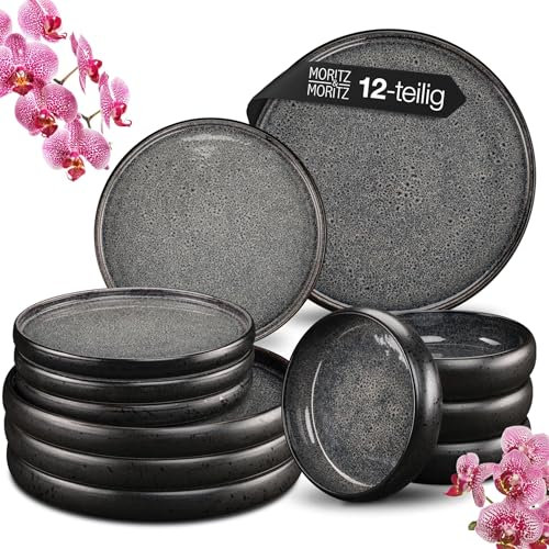 Moritz & Moritz SOLID 12tlg Geschirrset Anthrazit Steinzeug Geschirr Set 4 Personen - Geschirrset 4 Personen aus je 4 Dinner Teller, Kleine Teller, Große Schalen