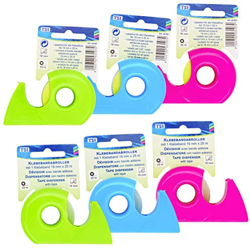TSI Klebefilmabroller TRENDY COLOR, 6er Packung mit verschiedenen Farben sortiert, inklusive Klebebandrolle (19mm x 25m), Art.Nr. 43197-A