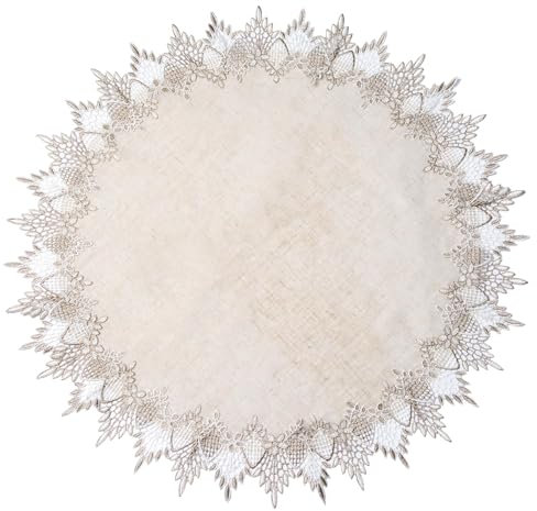 URROMA Linen Round Doily, 28 * 28in Beige Table Cover with Lace Trim, Coffee Table Topper Table Decor Tablecloth for Dining Room Kitchen(70 * 70cm)