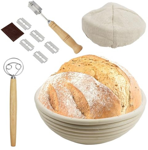 UZSUZZ Banneton Rond pour Pain, Panier Fermentation Pain Set avec des outils pour la Fabrication du Pain Kit pour Faire du Pain pour la Cuisson du Pain et Des Pâtisseries, Kit Boulanger Levain