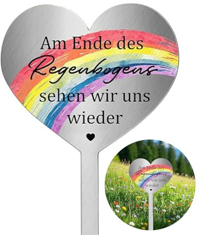 Grabstecker Edelstahl Herz mit Spruch Am Ende des Regenbogens Sehen Wir Uns Wieder & Gravur | Wetterfester Grabschmuck Frostbeständig | Grabdekoration Dekoherz für Gärten, Höfe & Trauer-Andenken