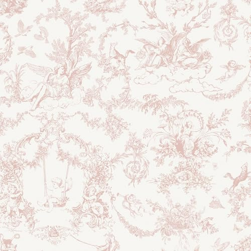 Yomshi Pink Self Adhesive Wallpaper Angel Tree and Animal Sticky Back Plastic Vinyl Roll Film Vintage Garden Style Contact Paper Removable Furniture Stickers for Bedroom Living Room Cabinets 44cm×3m