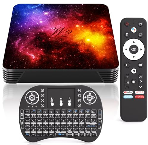 Android TV Box 4GB RAM 128GB ROM W2, Dual WiFi 2.4G/5G, Bluetooth 4.2, Media Player 3D Support, Android 14 TV Box USB 2.0, Wireless Backlit Mini Keyboard, 4K UHD Video Smart Set-Top Box