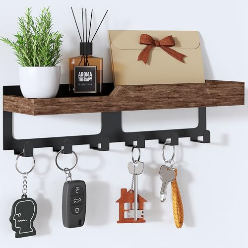 HapiRm Key Holder for Wall – Key Hooks Wall Mounted with Wood Tray and 6 Hooks, Home Decor Key Rack Mail Organiser, Key Hanger for Hallway, Entryway, Office, Mudroom, Bedroom