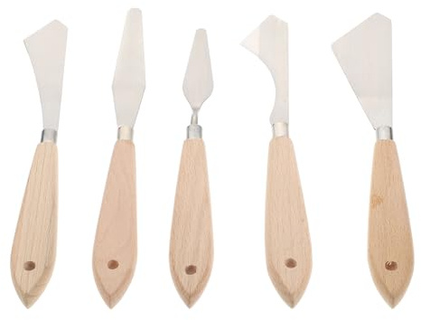 Cabilock 5 pezzi Spatole da Pittura in Inossidabile con Manico in Legno Ergonomico Coltelli per Miscelazione e Raschiatura di Vernice Olio e Acrilico Attrezzatura per decorazioni per torte natalizie