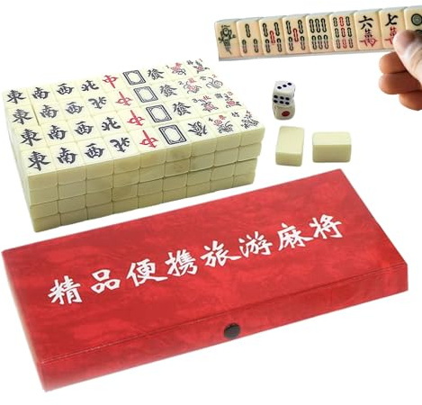 Genérico Mahjong spel för resor 144 kompletta och roliga tokens | Mahjong spelset inklusive 2 tärningar och 4 stativ för vuxna spelare, familjesammankomster, hem, resor och