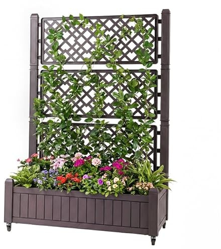 COSTWAY Jardinera Elevada con Enrejado, Cama de Jardín Elevada con Ruedas, Tapón y Medidor para Verduras y Plantas Trepadoras, Macetero Grande de PP para Exterior Jardín y Balcón, 108 x 45 x 155 cm