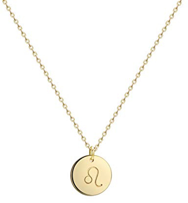 Befettly Constellation Necklace Pendant 14K Gold-Plated Hammered Round Disc Engraved Zodiac Sign Pendant 17.5’’ Adjustable Dainty Necklace NK-Leo