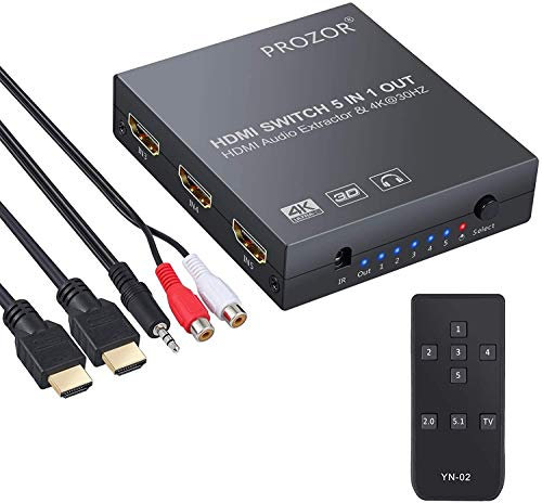 PROZOR Interruttore HDMI 5 IN 1 OUT Estrattore audio HDMI 4K con telecomando da 3,5 mm a cavo RCA da HDMI a Toslink ottico SPDIF 3,5 mm RCA R/L convertitore Sopport HDMI 1.4 per Blu-ray DVD PS4 TV