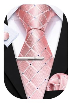 Barry.Wang Men Tie Pink Plaid Stripes Silk Ties Pocket Sqaure Cufflink Tie-Clip 4PCS Set Classic Business Wedding Necktie
