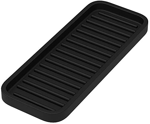 Small Silicone Heat Resistant Mat for Curling Iron, Heat Pad for Hot Hair Tools, Kitchen Sink Organizer Tray and Sponge Holder for Bathroom Counter, Groove Coasters for Drinks (Black)