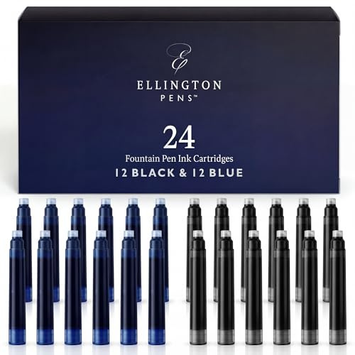 Ellington Pens Fountain Pen Ink Cartridges - 12 Black & 12 Blue International Standard Size Cartridges - Premium Quality & Non-Toxic, Long-Lasting Ink Cartridges for Fountain Pen - Calligraphy Ink