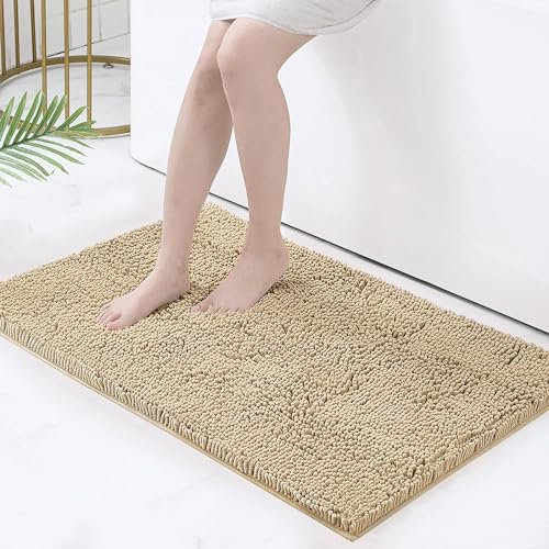 Homaxy rutschfeste Badematte Chenille Badezimmerteppich Mikrofaser Badteppich Saugfähige Hochflor Badvorleger - 60 x 90 cm, Beige
