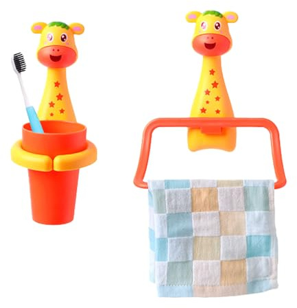 Jauhmui Tandborstmugg handdukshållare set för barn, tecknade djur tandborsthållare, tandborsthållare utan borrning, rengöringsmedel för spädbarn (giraff)