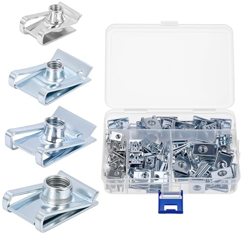 QWORK® 90 Piezas tuercas de clip roscadas, U-tipo tuercas de chapa acero manganeso, clasificadas en caja de almacenamiento, para el mantenimiento de vehículos