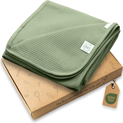 Jubi Couverture pour bébé 100 % coton - 70 x 100 cm - Douce pour nouveau-né - Couverture douillette pour poussette et lit - Certifié Oeko-Tex - Beau cadeau de naissance (vert olive)