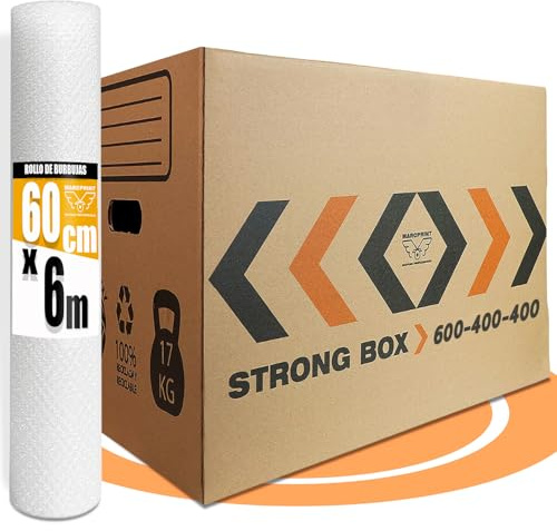 10 Cajas Mudanza Talla XXL 96 Litros + Rollo Burbujas - Cajas Carton (60X40X40) Reforzadas y Resistentes - Cajas con Certificación FSC - Cajas de Carton Mudanza 100% Reutilizables